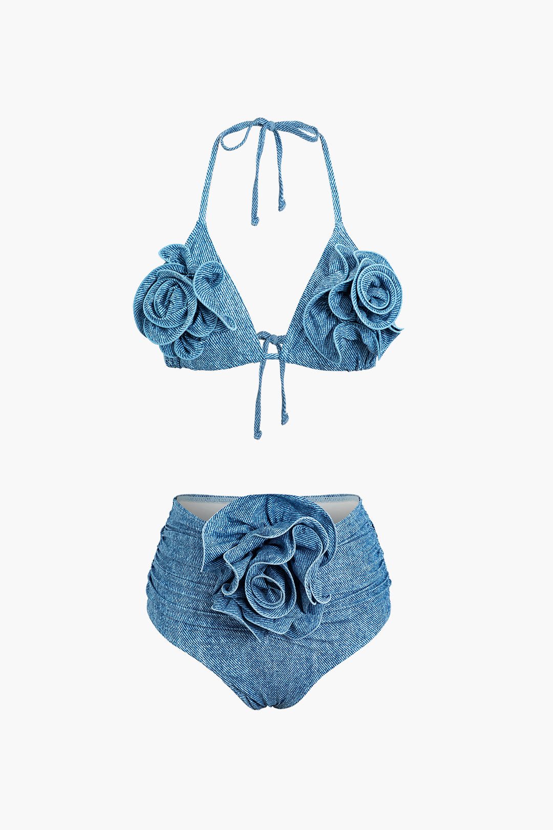 3D Flower Denim Halter Bikini Set - Y2K Aesthetic Swimwear for Trendy Summer Vibes