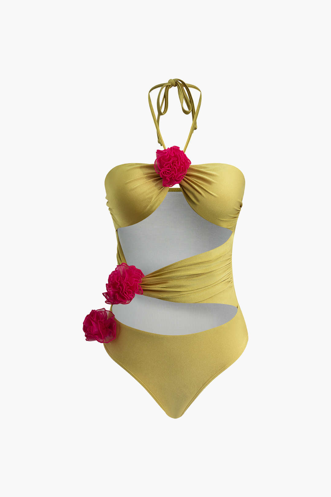 3D Flower Halter Ruched Cut Out One-Piece Swimsuit - Y2K Aesthetic Swimwear for Trendy Looks