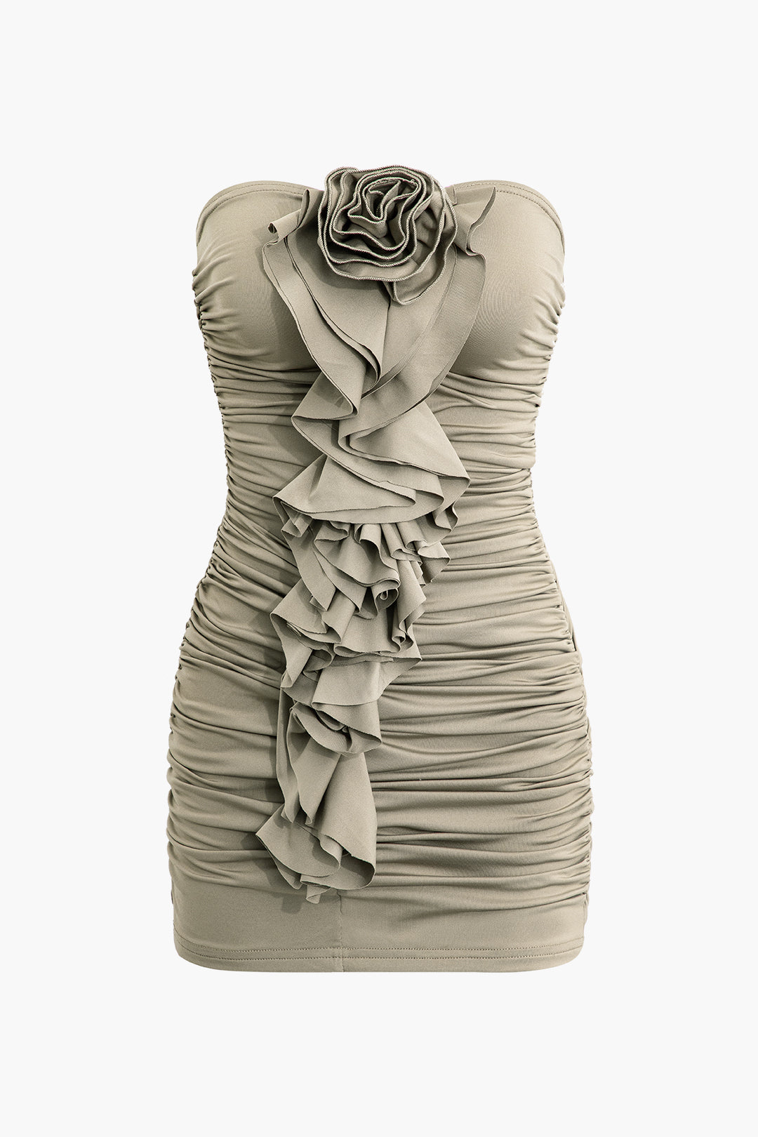 3D Flower Ruffle Ruched Bodycon Strapless Mini Dress - Y2K Aesthetic Cute Party Outfit