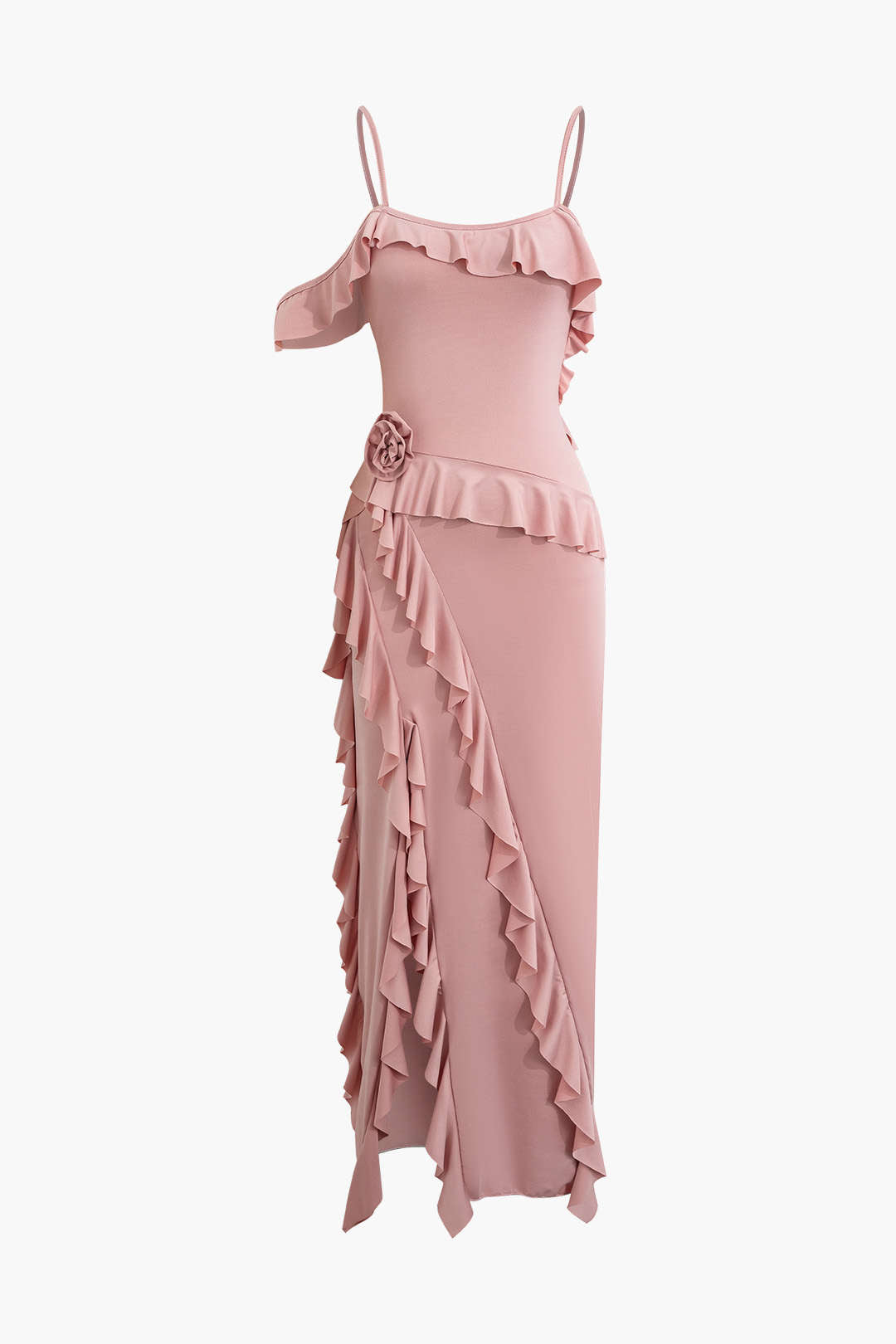 3D Flower Ruffle Slit Cami Maxi Dress - Y2K Aesthetic Floral Evening Gown for Trendy Looks