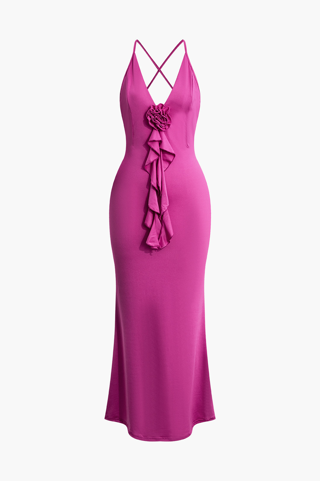 3D Flower V-Neck Ruched Maxi Dress with Cross Strap Back - Y2K Aesthetic Fashion