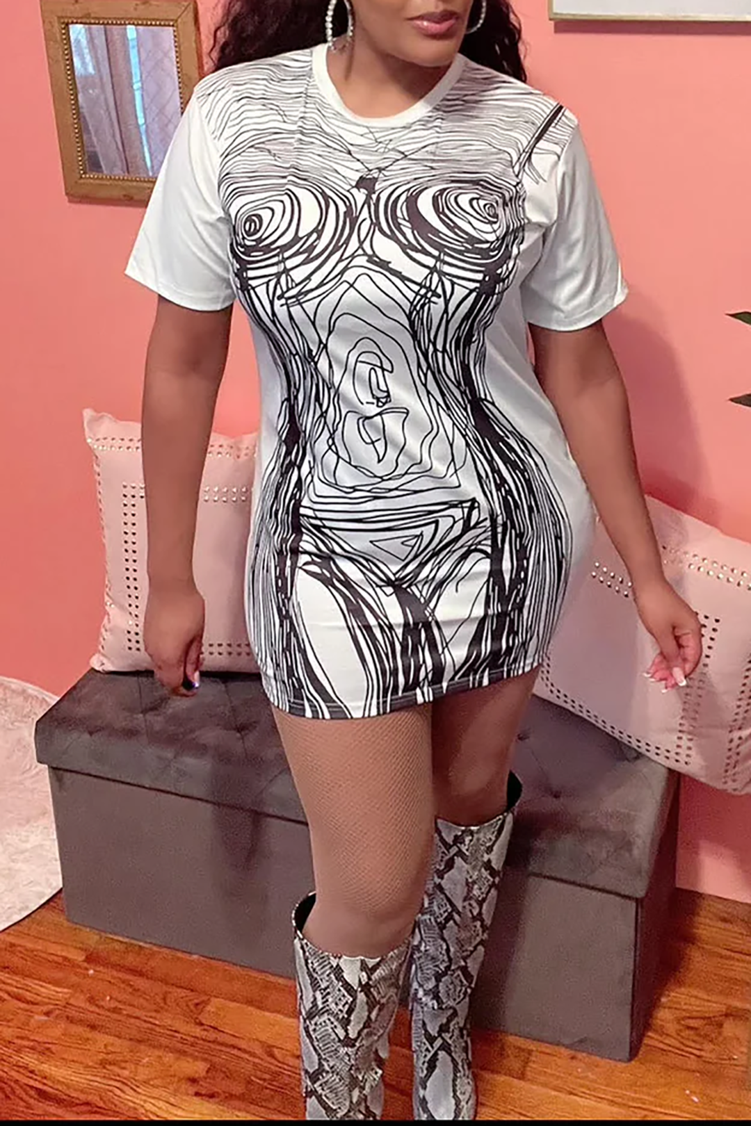 Abstract Line Print Y2K Aesthetic Short Sleeve Mini Dress for Trendy Outfits