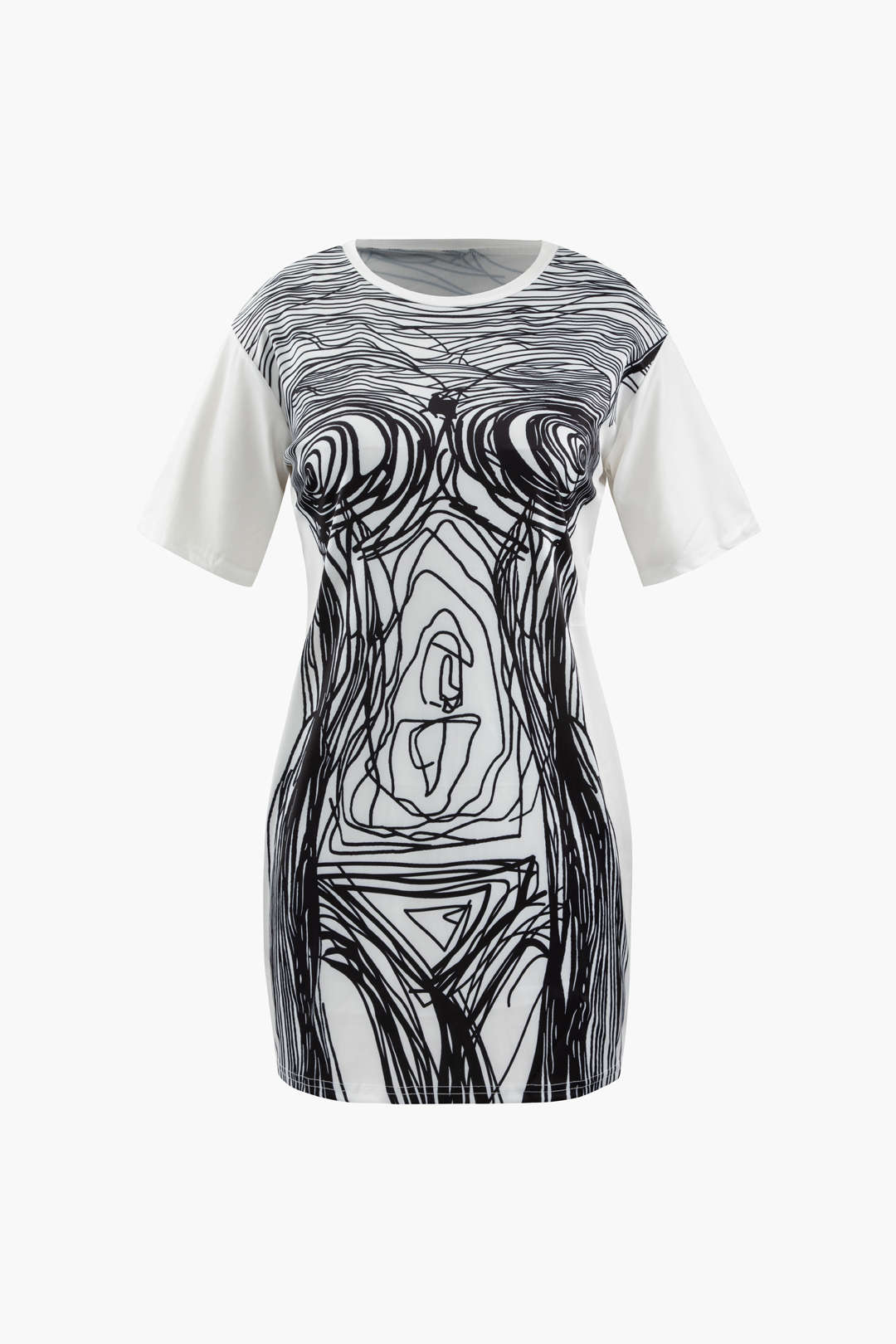 Abstract Line Print Y2K Aesthetic Short Sleeve Mini Dress for Trendy Outfits