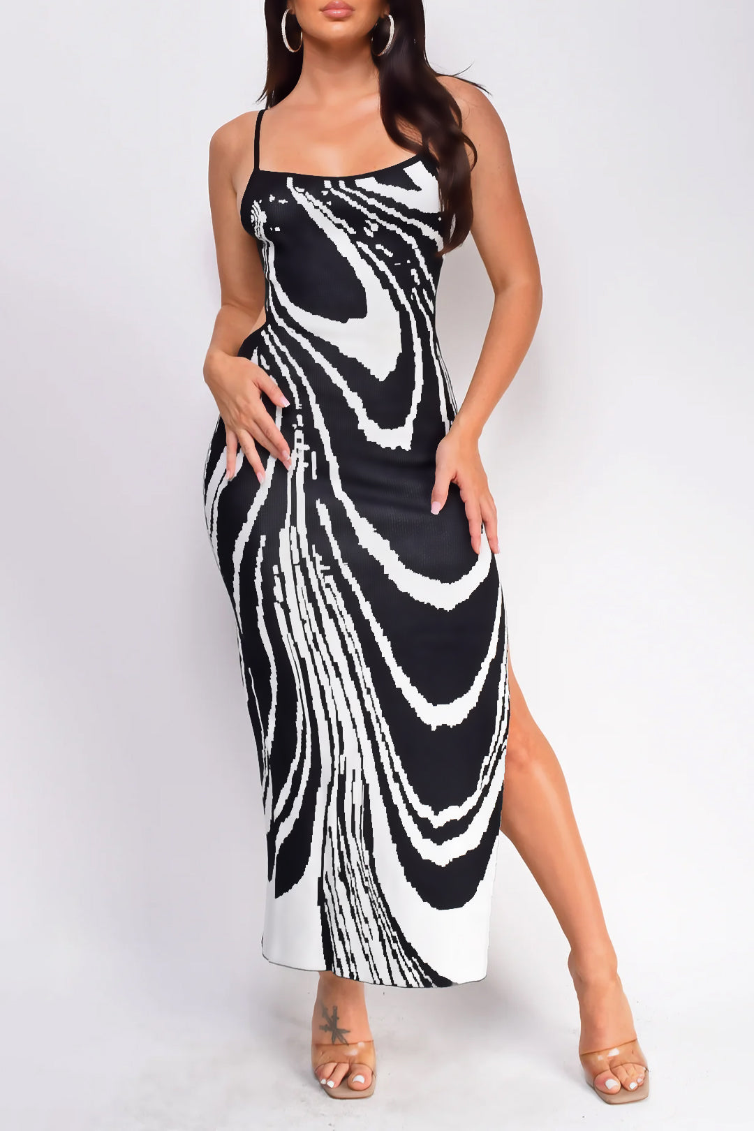 Abstract Print Backless Tie Slit Midi Dress - Y2K Aesthetic Slip Dress for Trendy Looks