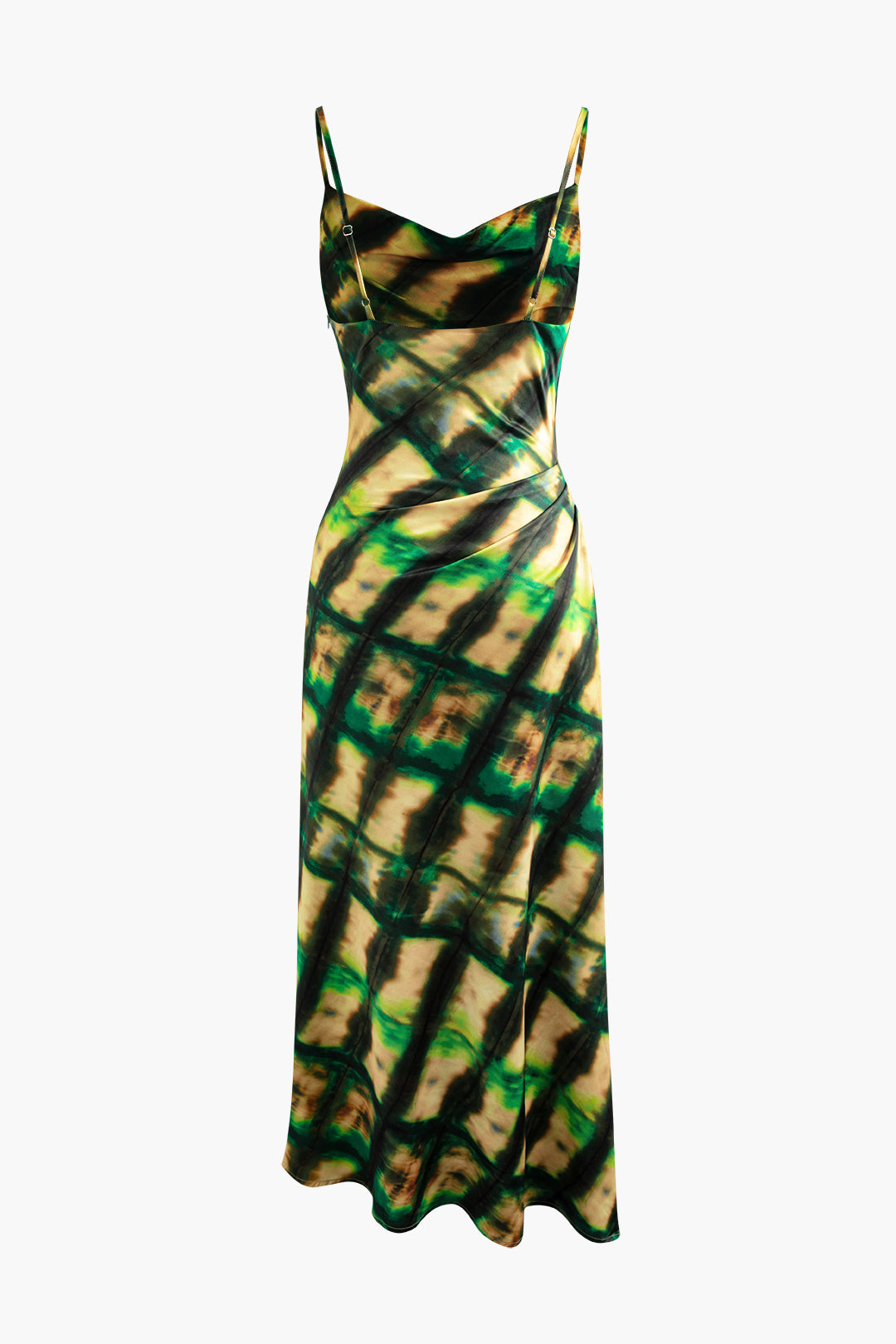 Abstract Print Cowl Neck Satin Asymmetric Midi Dress in Y2K Aesthetic Style