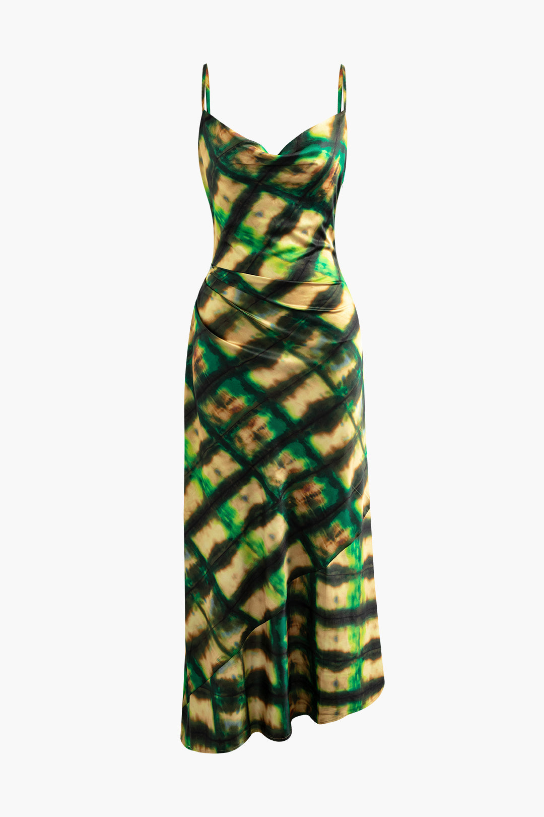 Abstract Print Cowl Neck Satin Asymmetric Midi Dress in Y2K Aesthetic Style