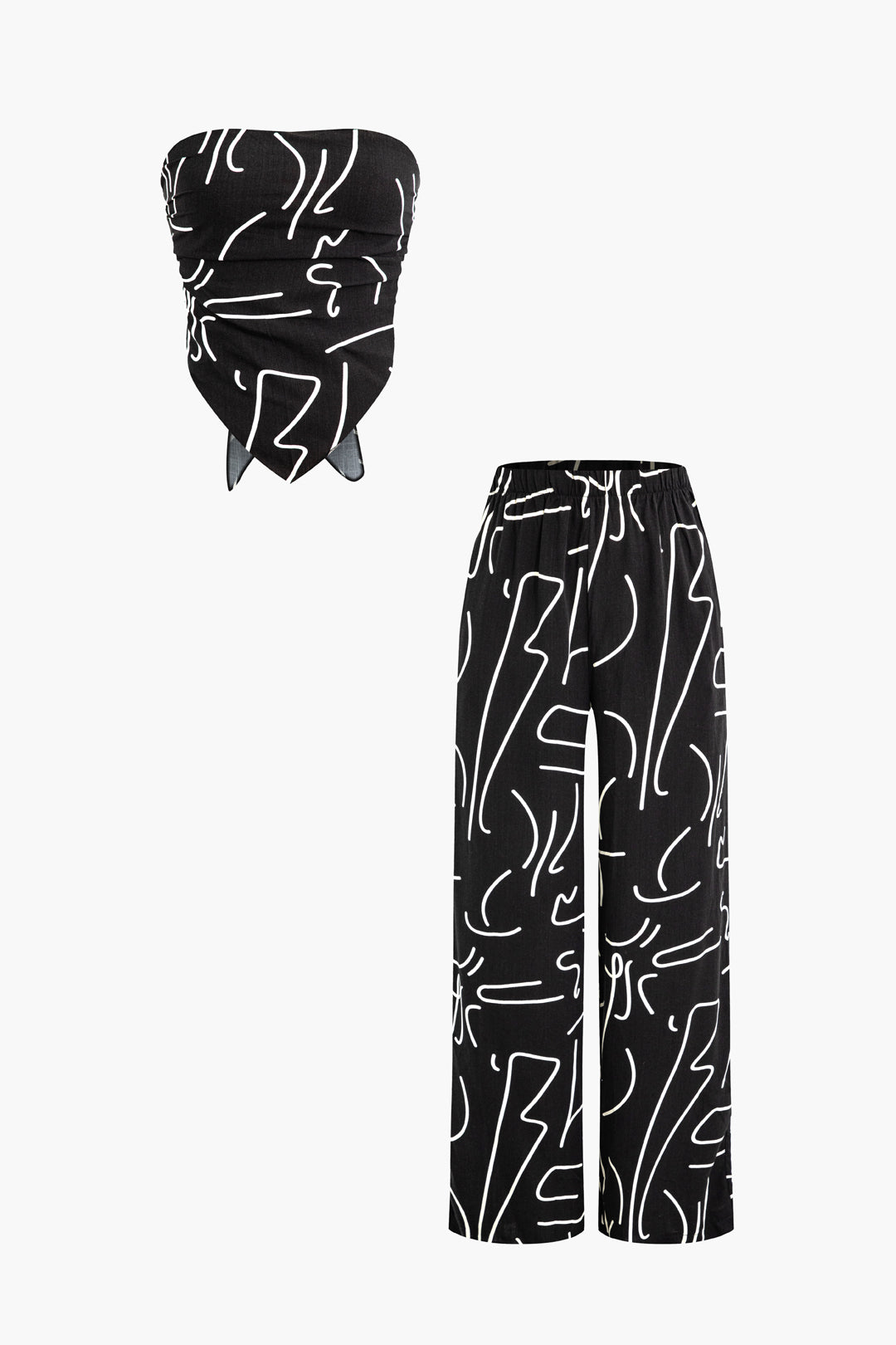 Abstract Print Knot Back Tube Top with Ruched Straight Leg Pants - Y2K Aesthetic Outfit