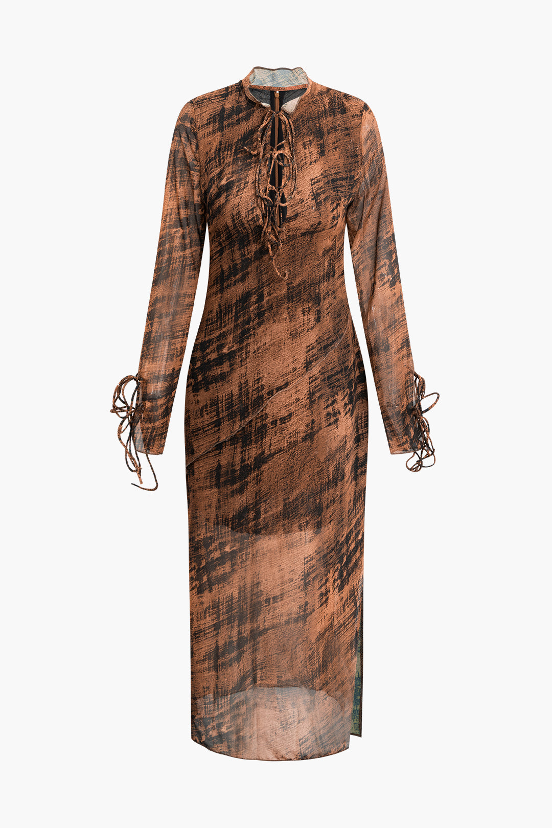 Abstract Print Lace-Up Long Sleeve Maxi Dress in Y2K Aesthetic for Effortless Style