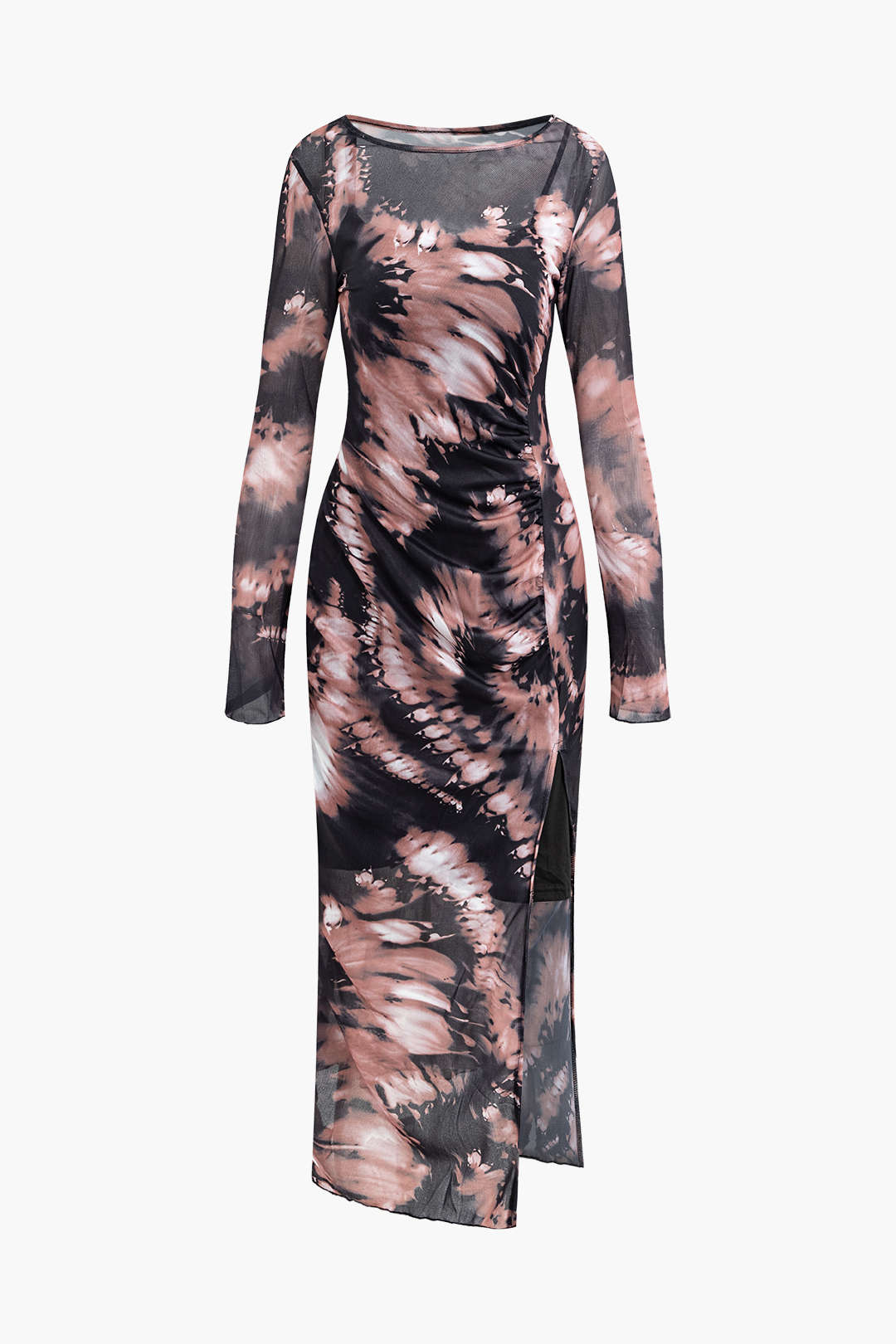 Abstract Print Mesh Long Sleeve Slit Dress with Lining for Y2K Aesthetic Fashion Lovers