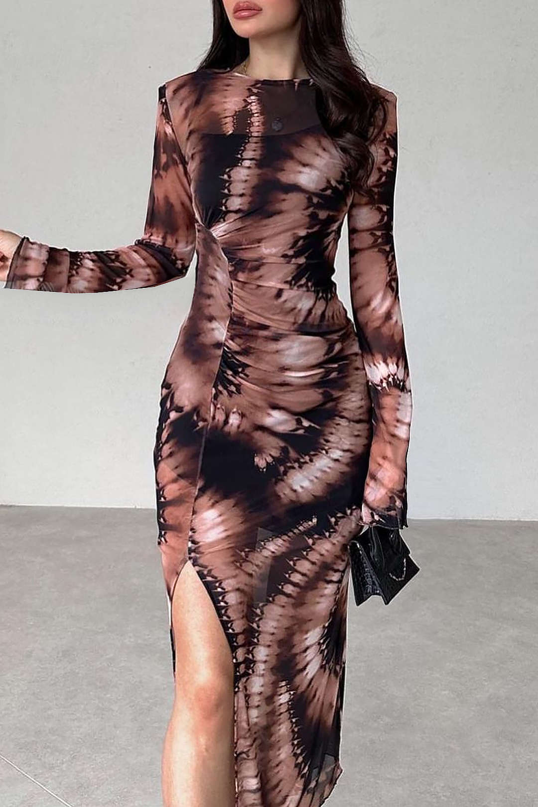 Abstract Print Mesh Long Sleeve Slit Dress with Lining for Y2K Aesthetic Fashion Lovers