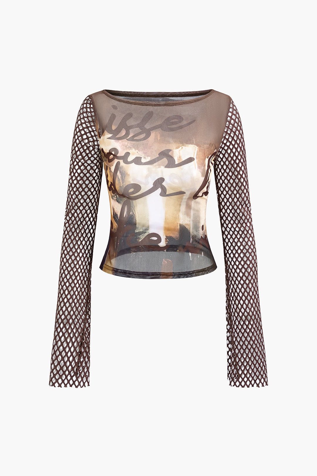 Abstract Print Mesh Long Sleeve Top - Y2K Aesthetic Cute Top for Grunge and Coquette Styles