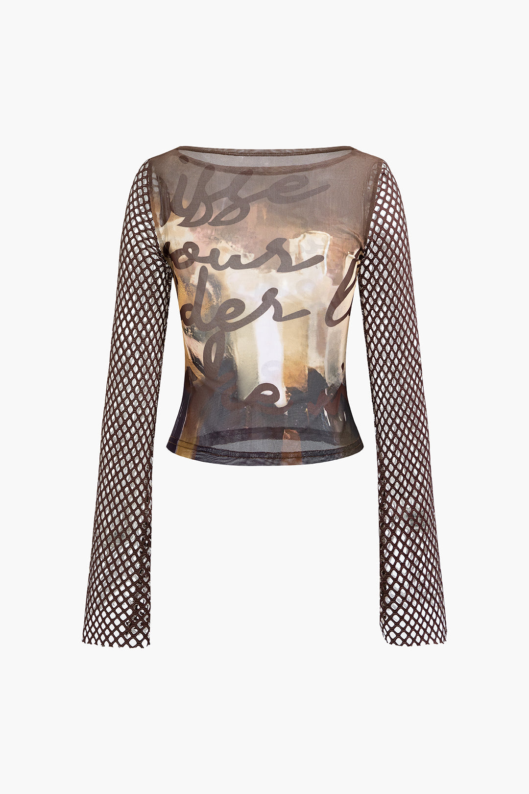 Abstract Print Mesh Long Sleeve Top - Y2K Aesthetic Cute Top for Grunge and Coquette Styles