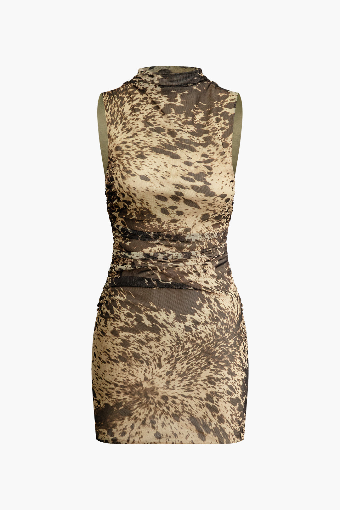 Abstract Print Mesh Mock Neck Sleeveless Mini Dress - Y2K Aesthetic Cute Party Outfit