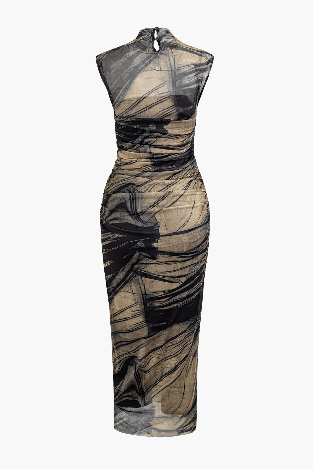 Abstract Print Mesh Ruched Sleeveless Maxi Dress - Y2K Aesthetic Fashion Statement