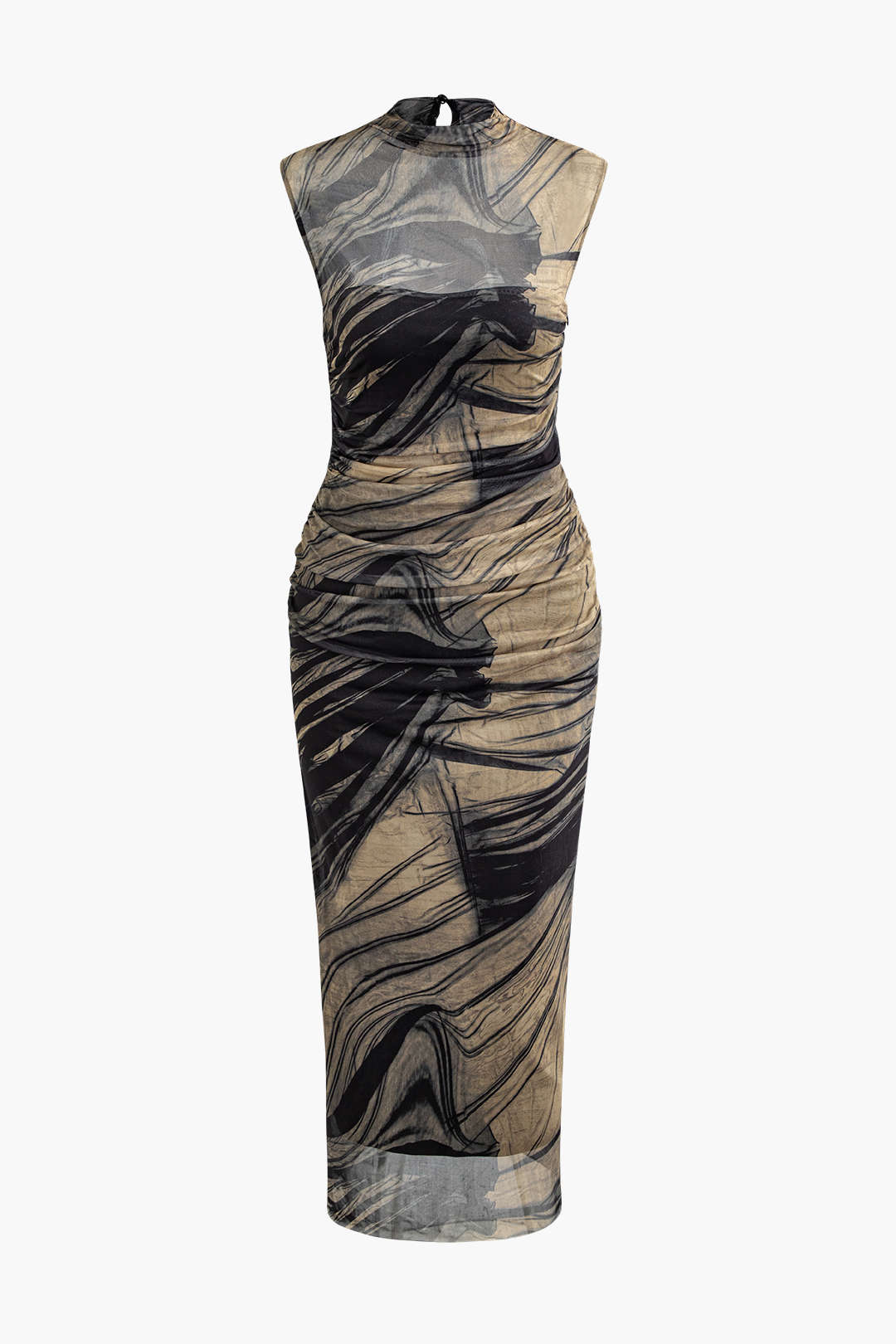 Abstract Print Mesh Ruched Sleeveless Maxi Dress - Y2K Aesthetic Fashion Statement