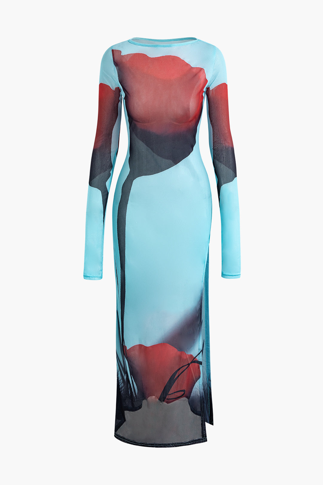 Abstract Print Mesh Slit Maxi Dress - Y2K Aesthetic Fashion for Trendy Outfits