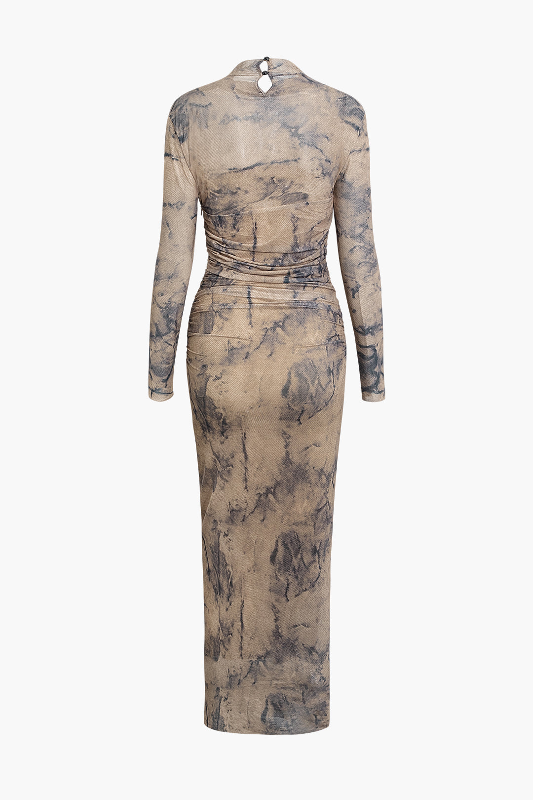 Abstract Print Mock Neck Mesh Ruched Long Sleeve Maxi Dress for Y2K Aesthetic Fashion