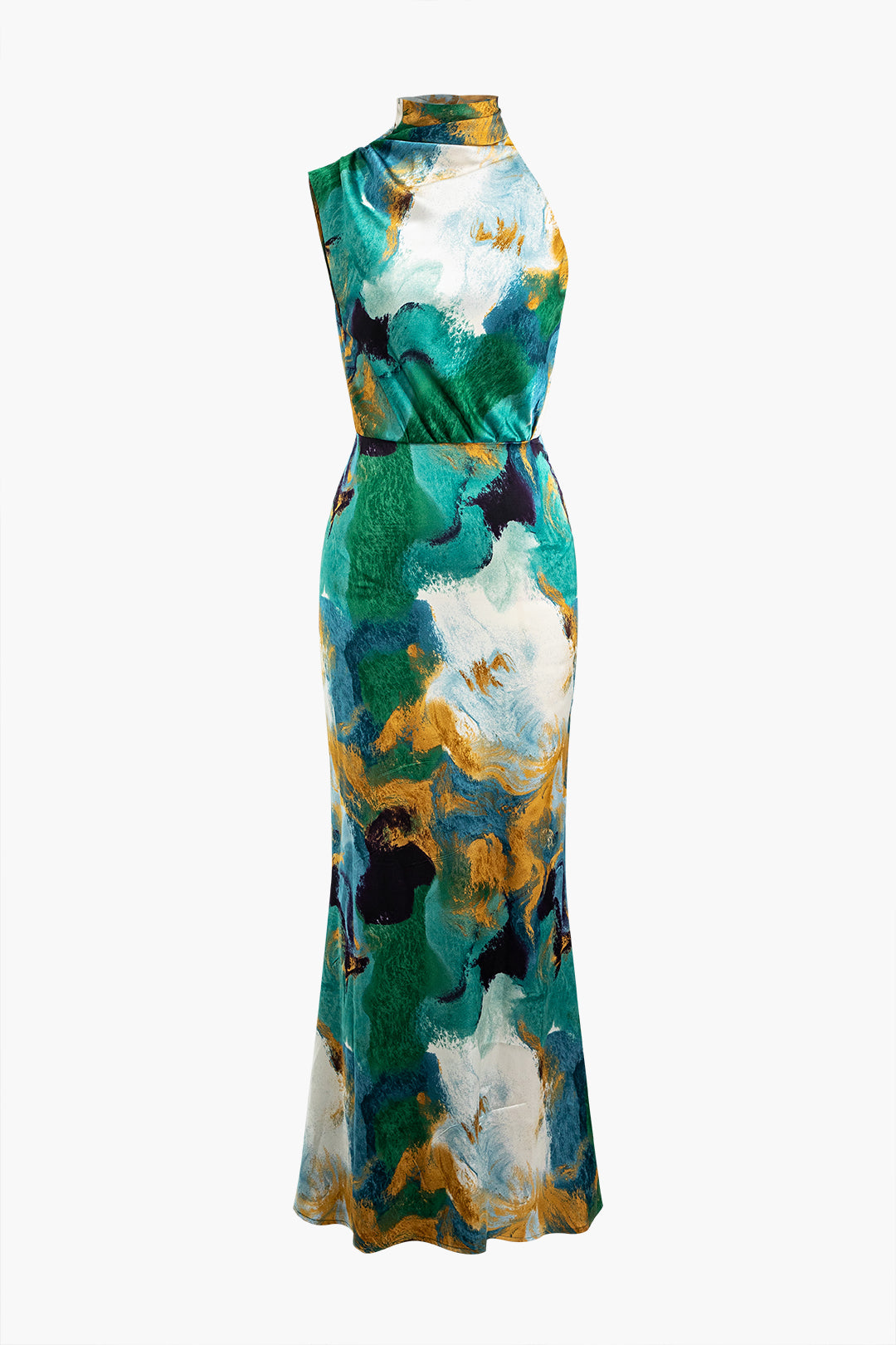 Abstract Print One Shoulder Slit Maxi Dress - Y2K Aesthetic Fashion Statement Piece