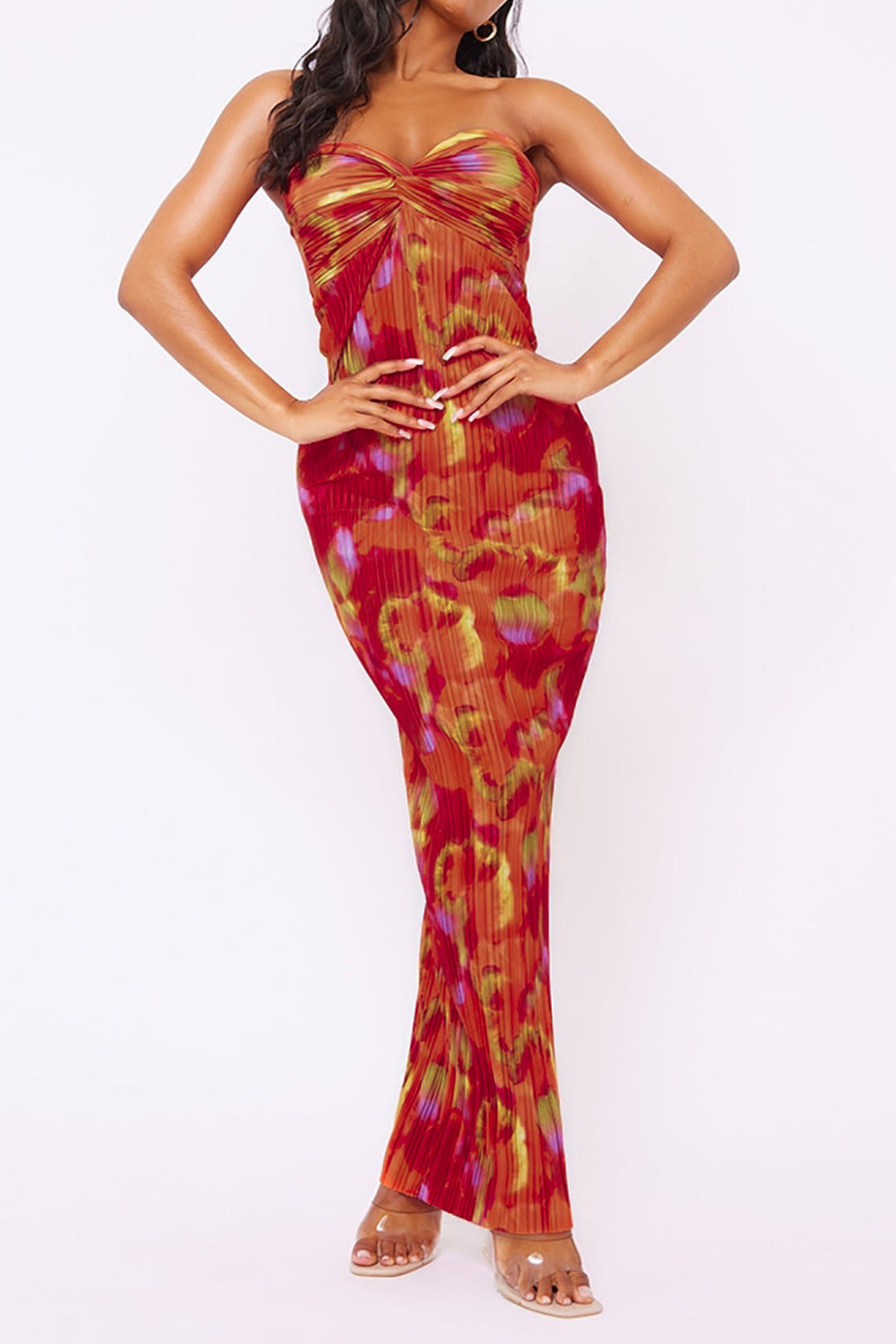 Abstract Print Plisse Strapless Maxi Dress - Y2K Aesthetic Fashion for Effortless Style