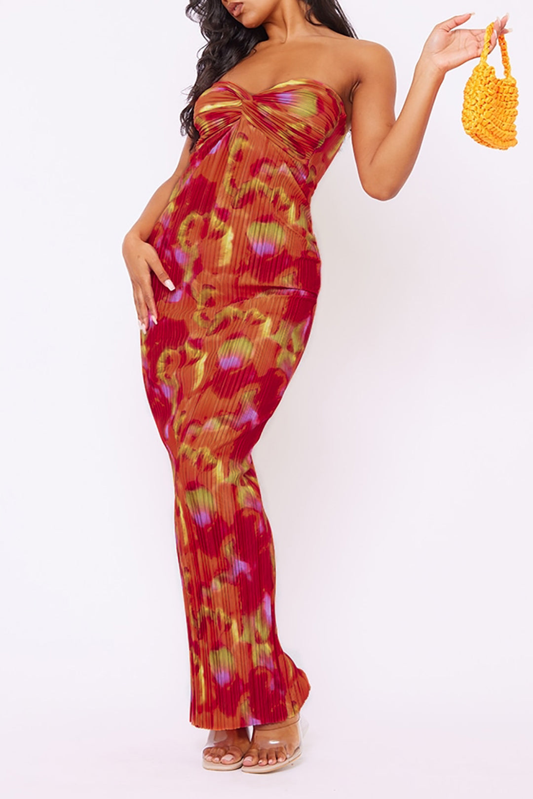 Abstract Print Plisse Strapless Maxi Dress - Y2K Aesthetic Fashion for Effortless Style