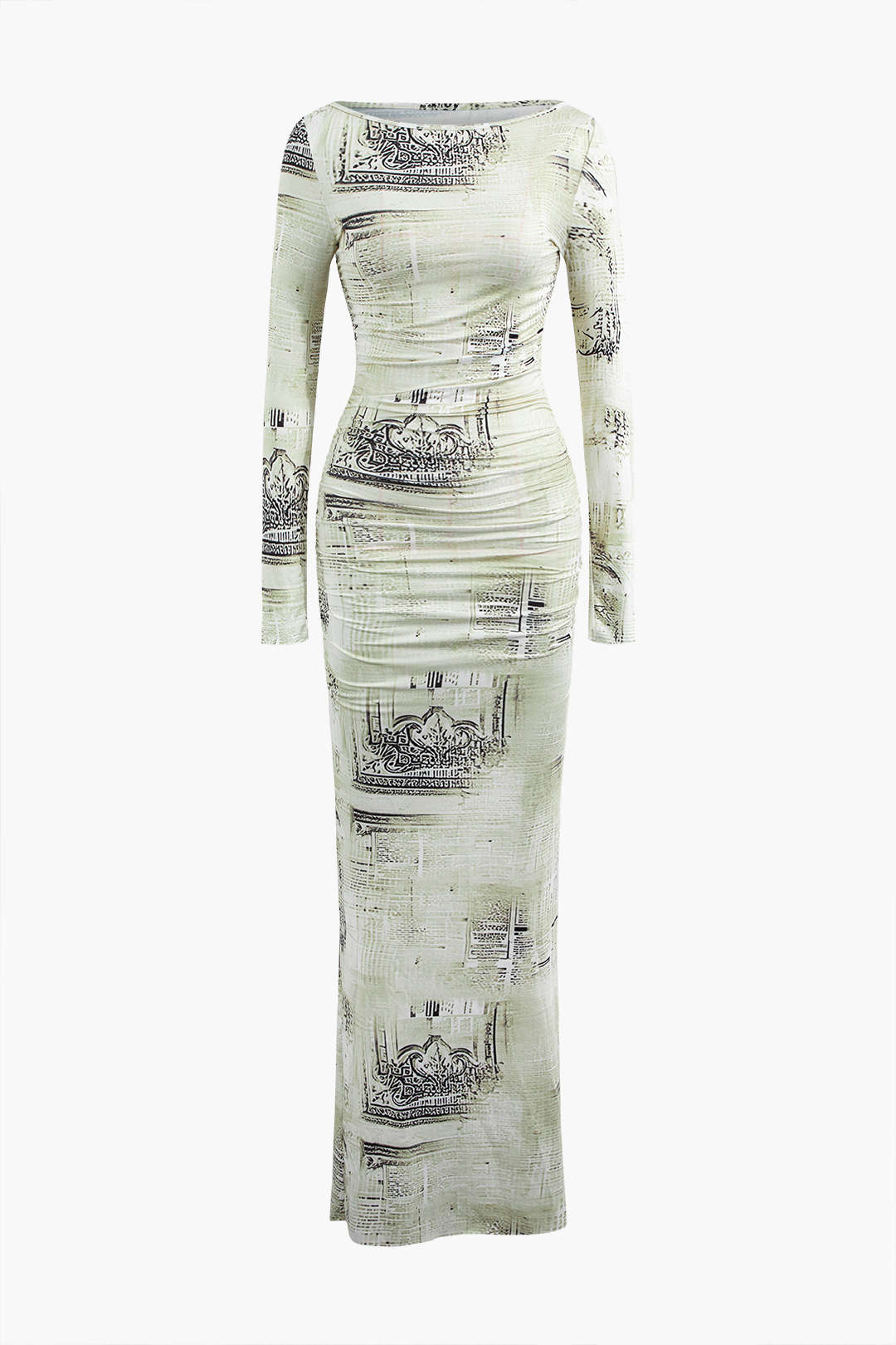 Abstract Print Ruched Long Sleeve Maxi Dress - Y2K Aesthetic Fashion for Effortless Style