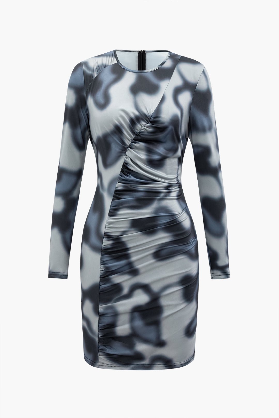 Abstract Print Ruched Mini Dress with Round Neck - Y2K Aesthetic Long Sleeve Style