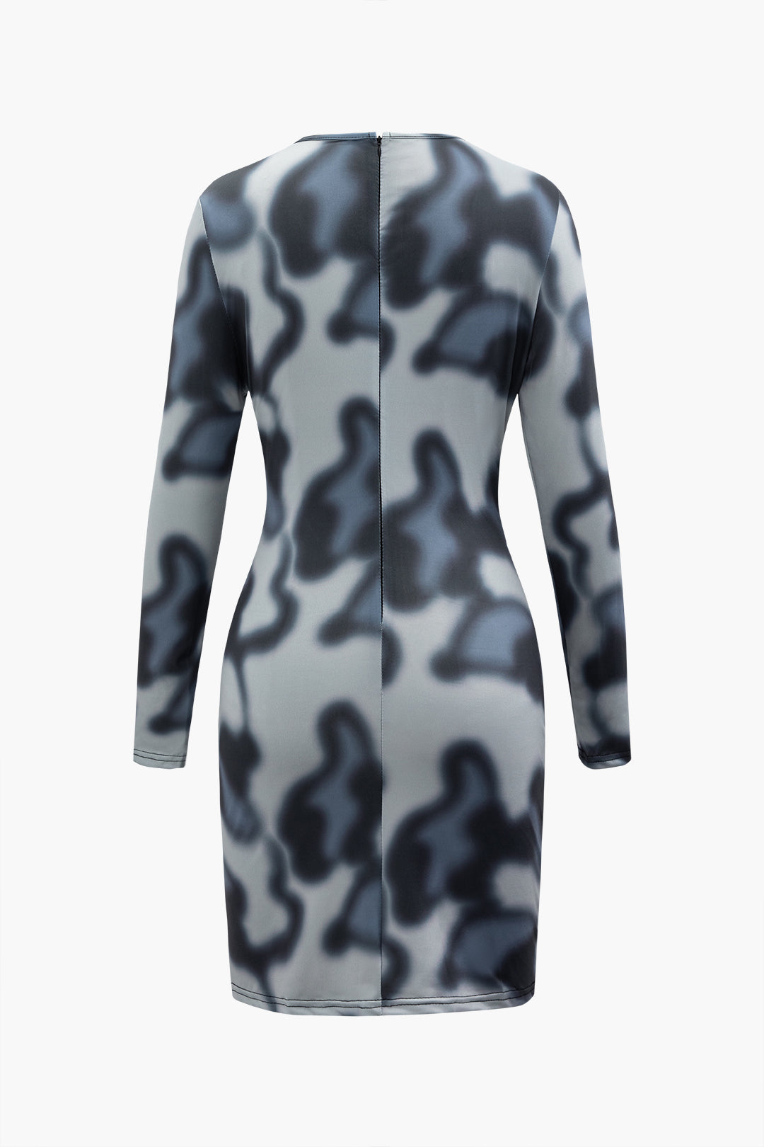 Abstract Print Ruched Mini Dress with Round Neck - Y2K Aesthetic Long Sleeve Style