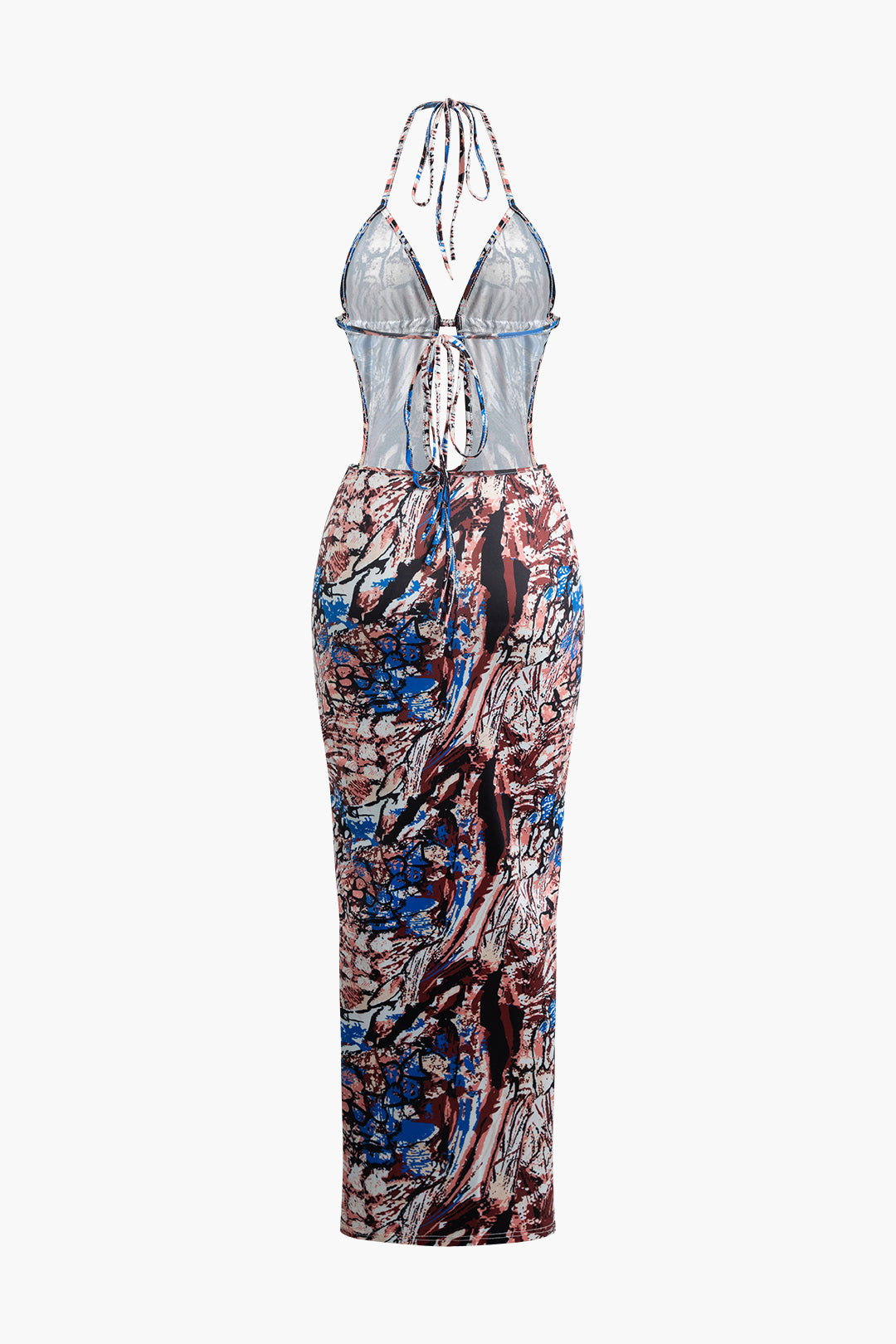 Abstract Print Tie Halter Backless Deep V-Neck Maxi Dress for Y2K Aesthetic Fashion Lovers