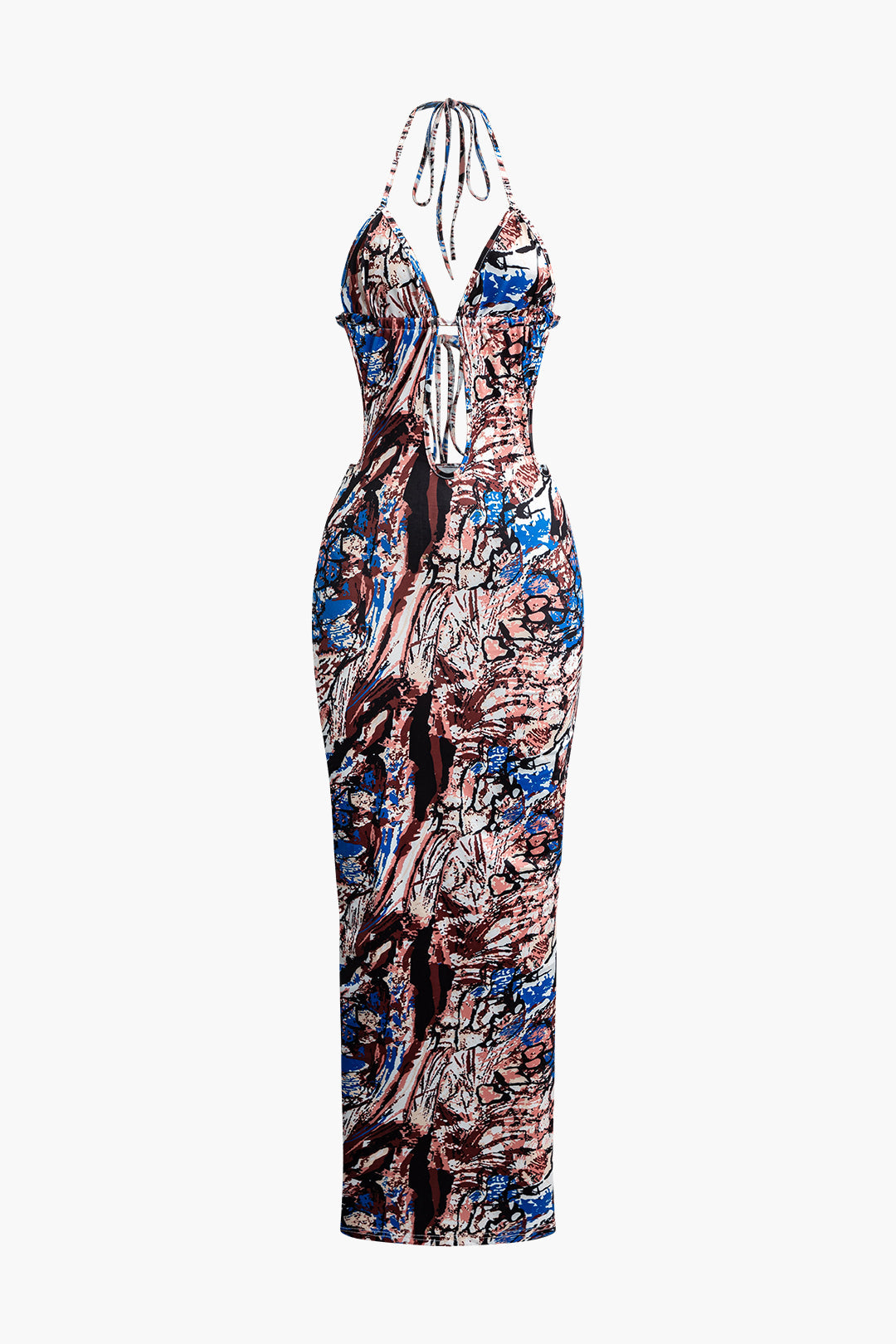 Abstract Print Tie Halter Backless Deep V-Neck Maxi Dress for Y2K Aesthetic Fashion Lovers