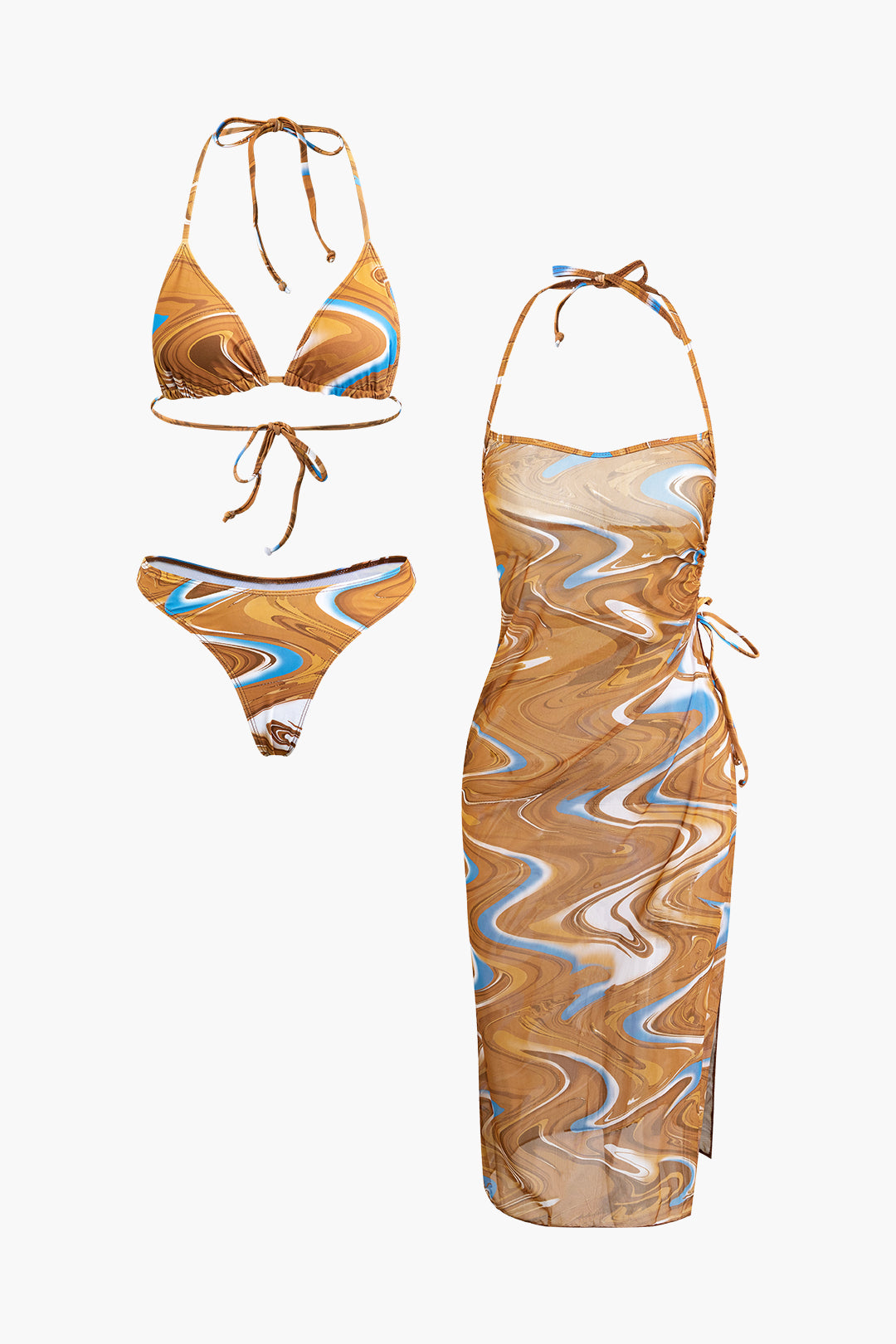 Abstract Print Tie Halter Bikini and Slit Midi Dress Swimsuit Set for Y2K Aesthetic Vibes