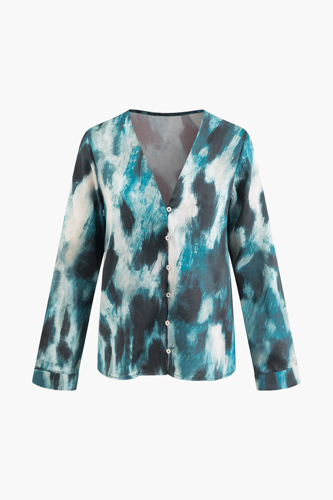 Abstract Print V-neck Button Up Shirt - Y2K Aesthetic Top for Trendy Outfits