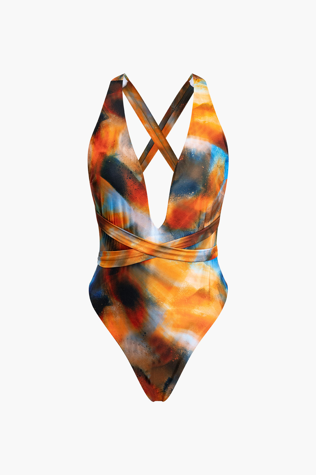 Abstract Print V-neck Cross Back Tie Swimsuit with Mesh Mini Sarong Skirt Set for Y2K Aesthetic