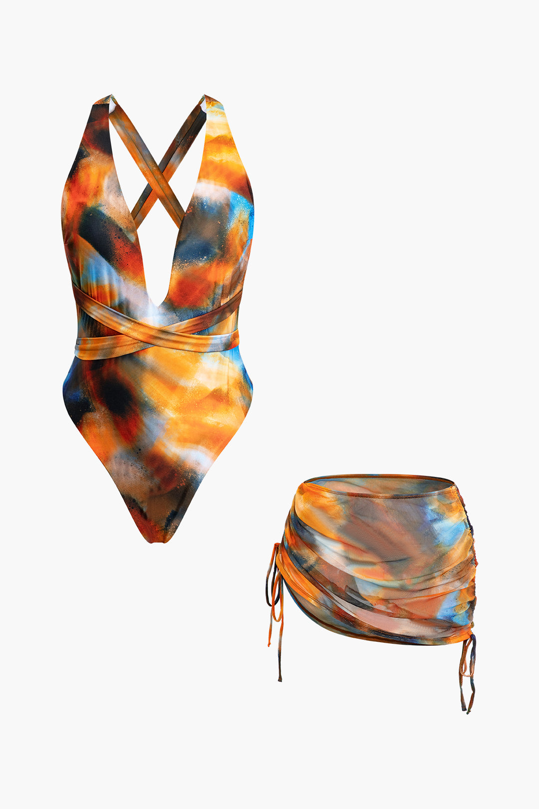 Abstract Print V-neck Cross Back Tie Swimsuit with Mesh Mini Sarong Skirt Set for Y2K Aesthetic