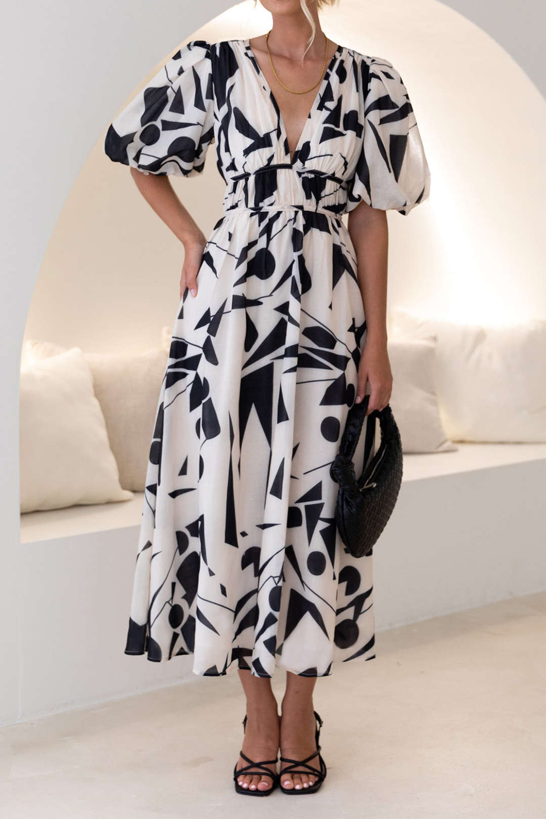 Abstract Print V-neck Midi Dress in Y2K Aesthetic for Effortless Chic Style