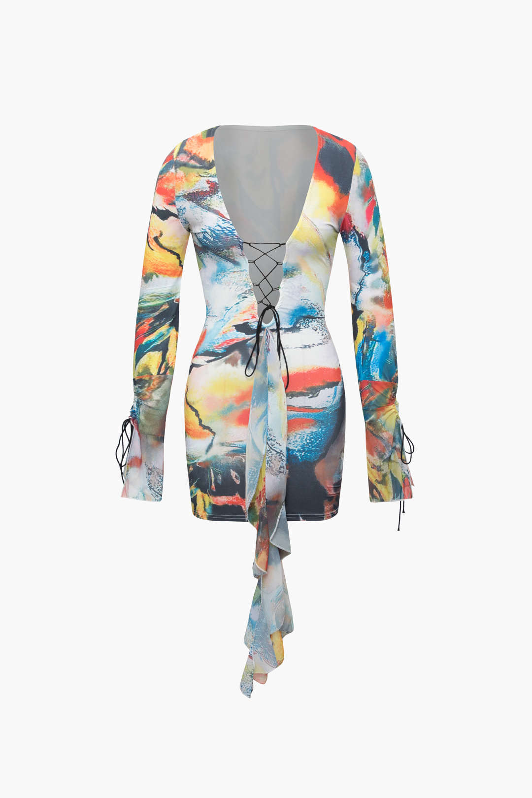 Abstract Print V-neck Tie Front Ruffle Mini Dress - Y2K Aesthetic Cute Summer Outfit