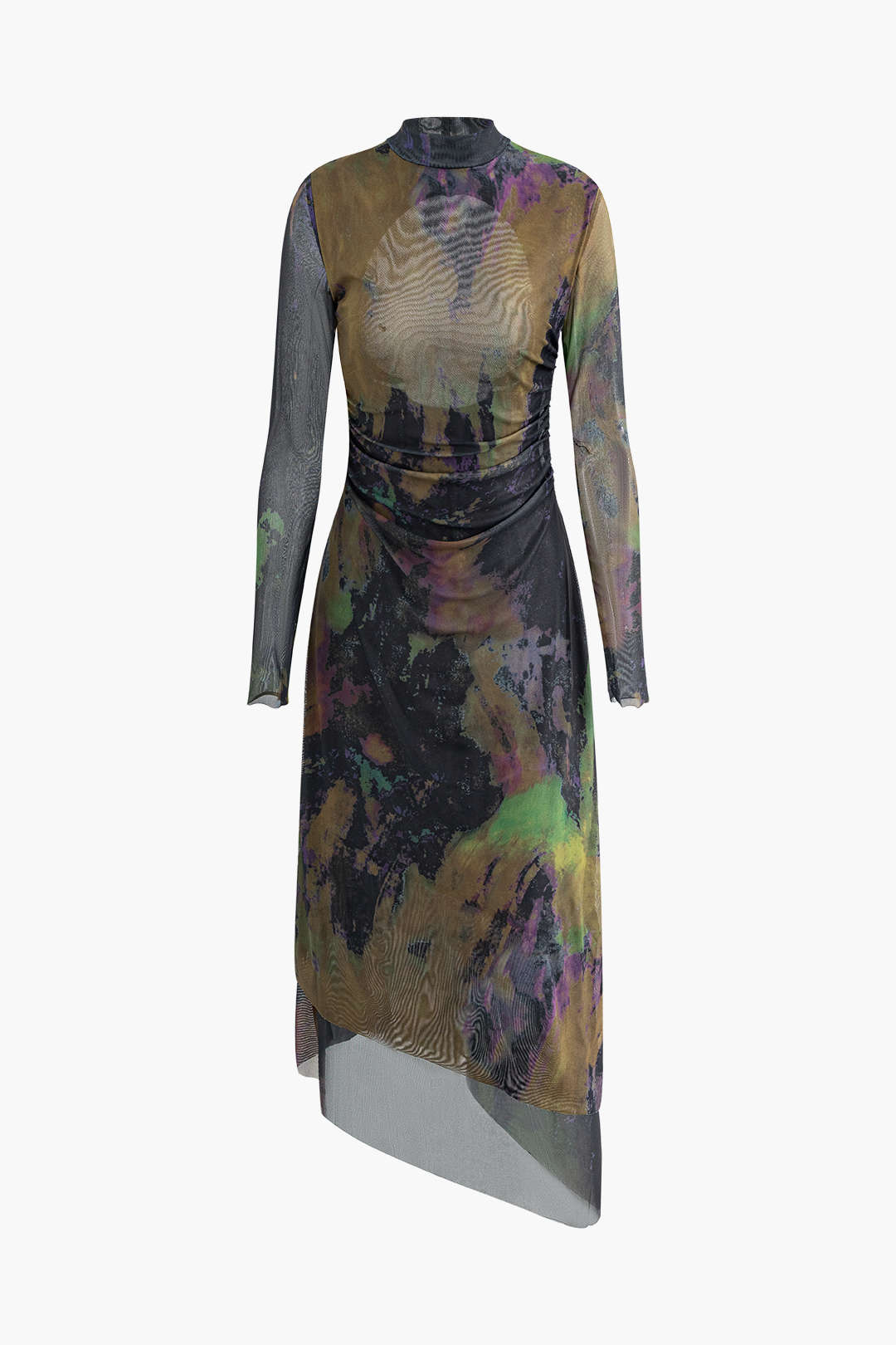 Abstract Print Y2K Aesthetic Cut Out Asymmetrical Hem Mesh Maxi Dress for Trendy Looks