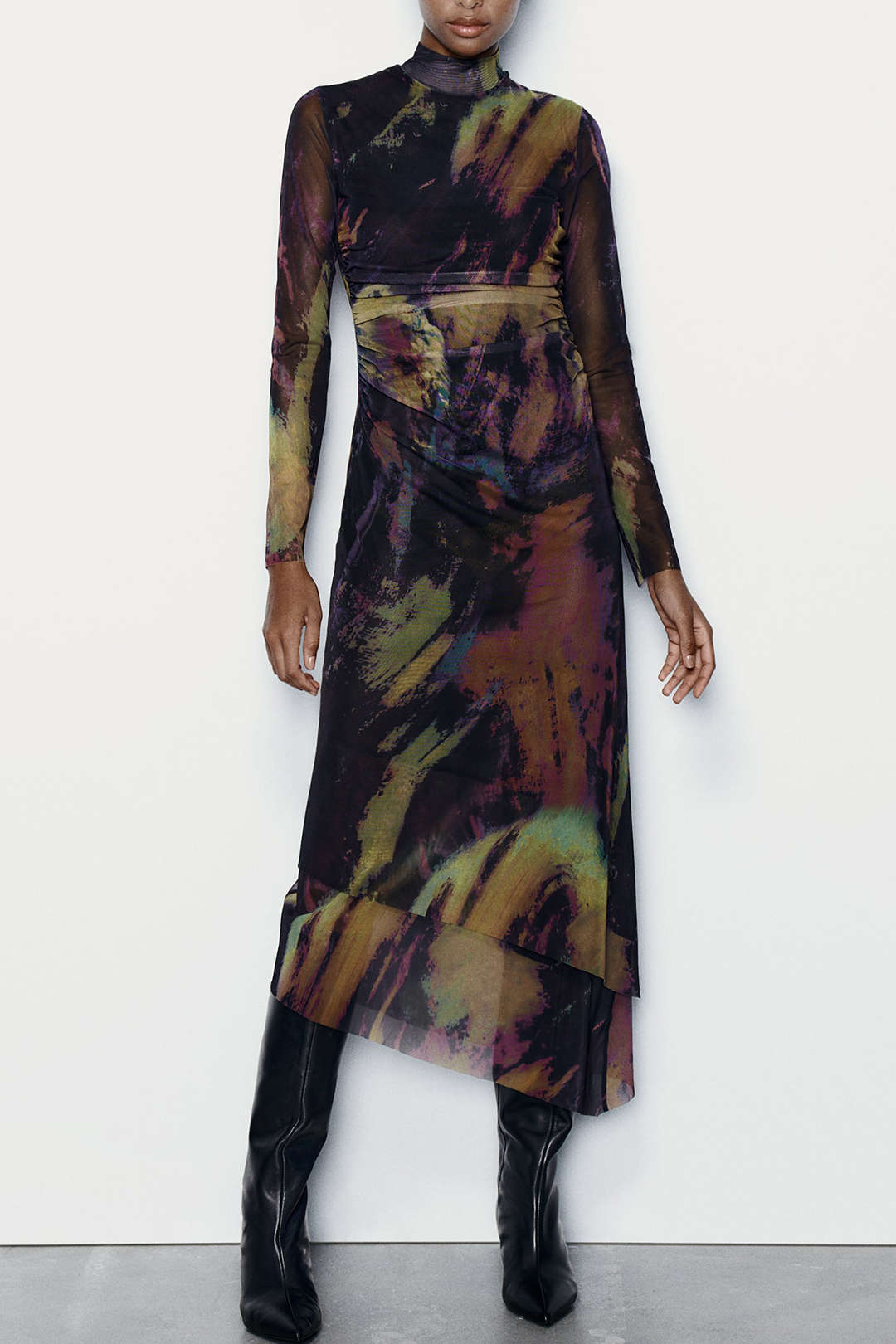 Abstract Print Y2K Aesthetic Cut Out Asymmetrical Hem Mesh Maxi Dress for Trendy Looks