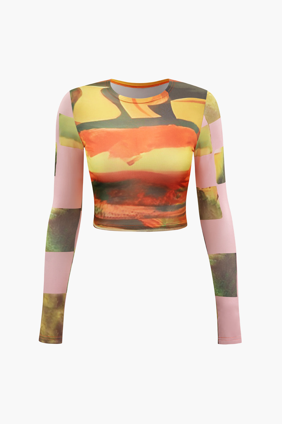 Abstract Print Y2K Aesthetic Long Sleeve Crop Top for Trendy Outfits