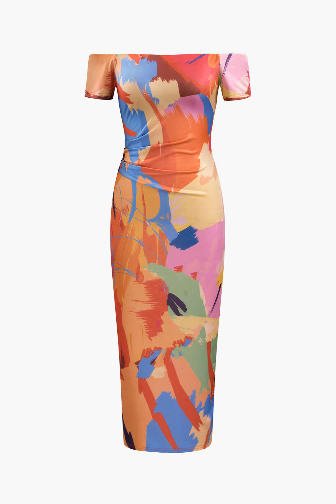 Abstract Print Y2K Off-Shoulder Ruched Midi Dress for Trendy Aesthetic Outfits