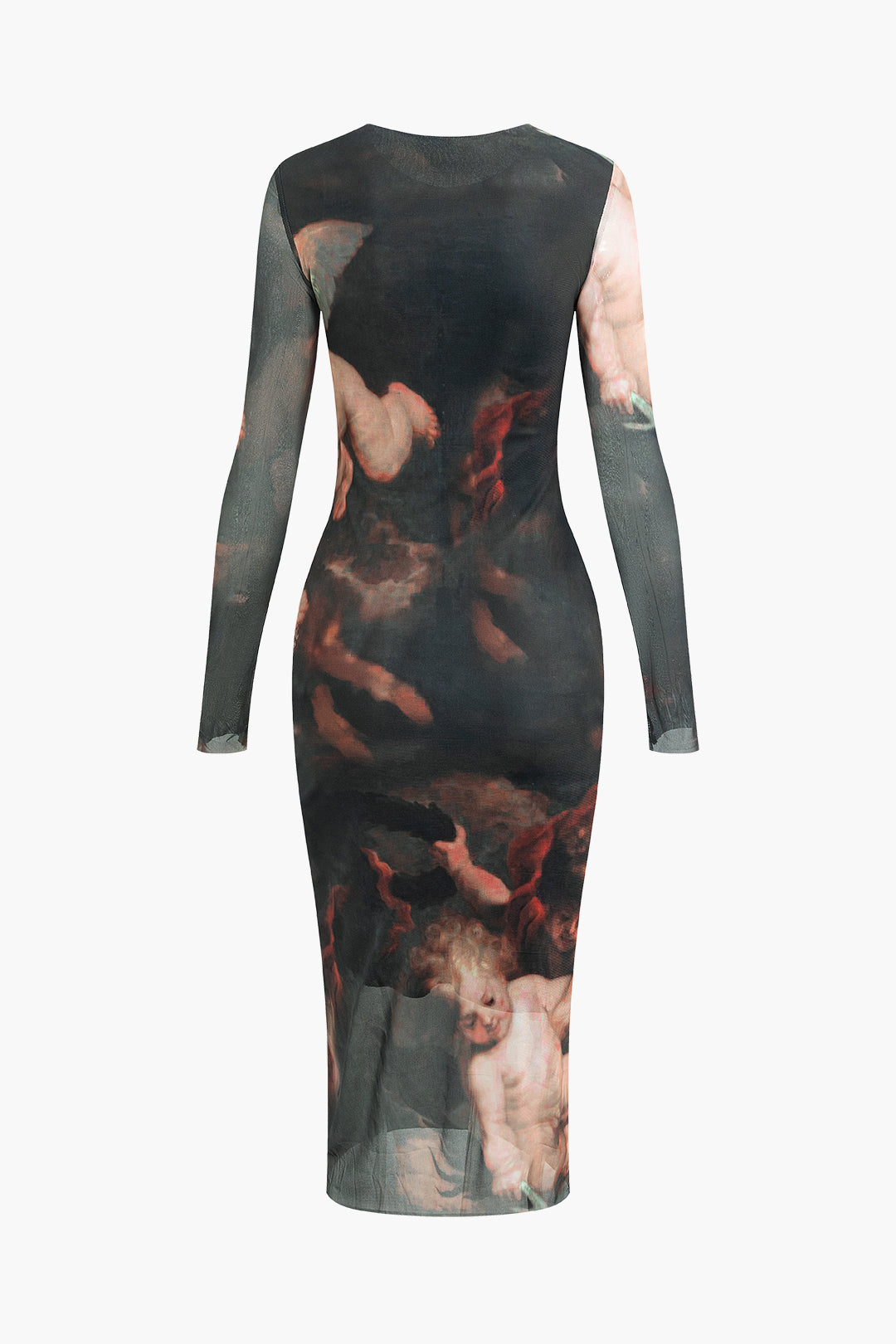 Angel Print Mesh Midi Dress with Round Neck and Long Sleeves for Y2K Aesthetic Style