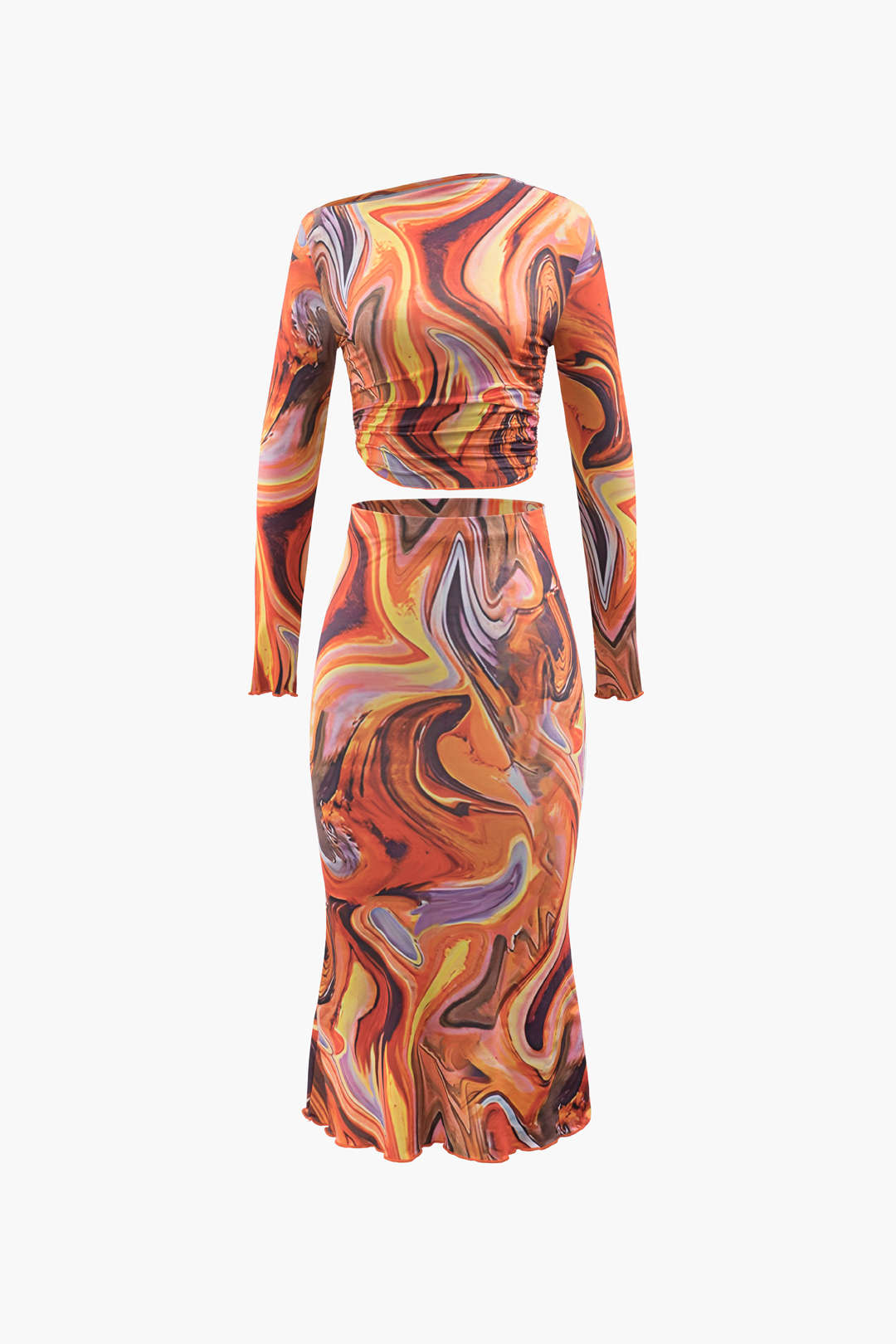 Asymmetric Abstract Print Long Sleeve Crop Top & Midi Skirt Set for Y2K Aesthetic Outfits