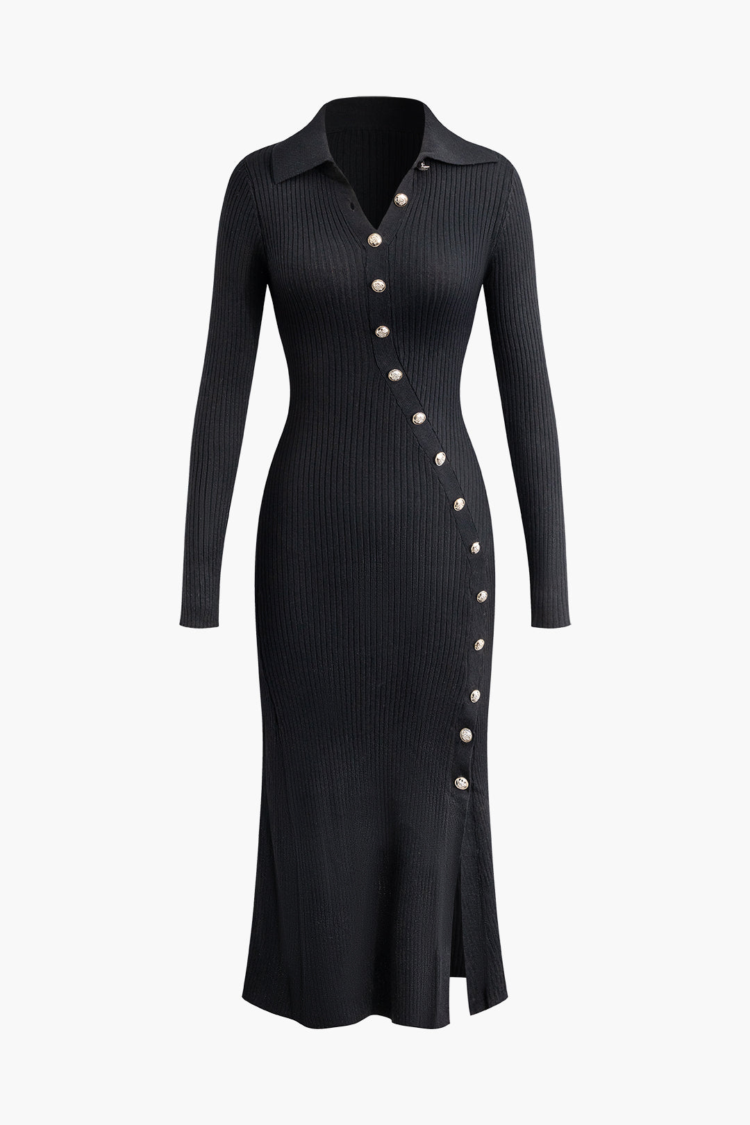 Asymmetric Button Collar Slit Midi Dress - Y2K Aesthetic Chic for Effortless Style