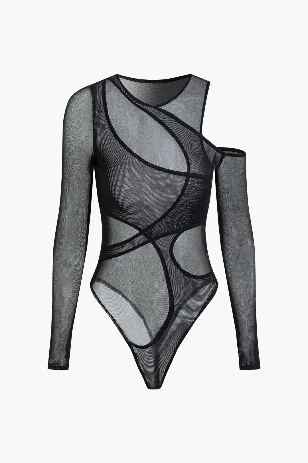 Asymmetric Cut Out Mesh Long Sleeve Bodysuit for Y2K Aesthetic and Grunge Style Outfits