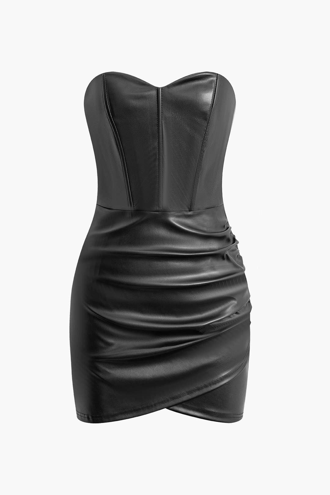 Asymmetric Faux Leather Ruched Corset Strapless Mini Dress for Y2K and Coquette Aesthetic