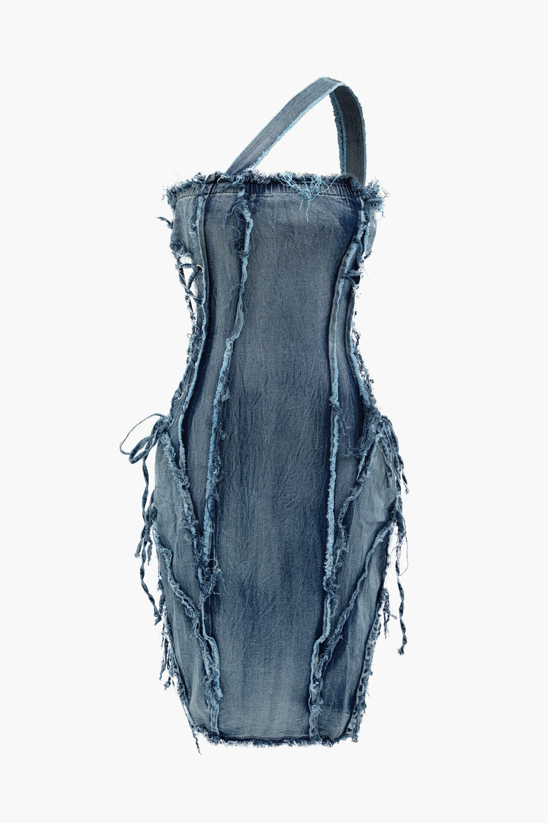 Asymmetric Frayed Denim Mini Dress - Y2K Aesthetic Grunge Style for Trendy Outfits