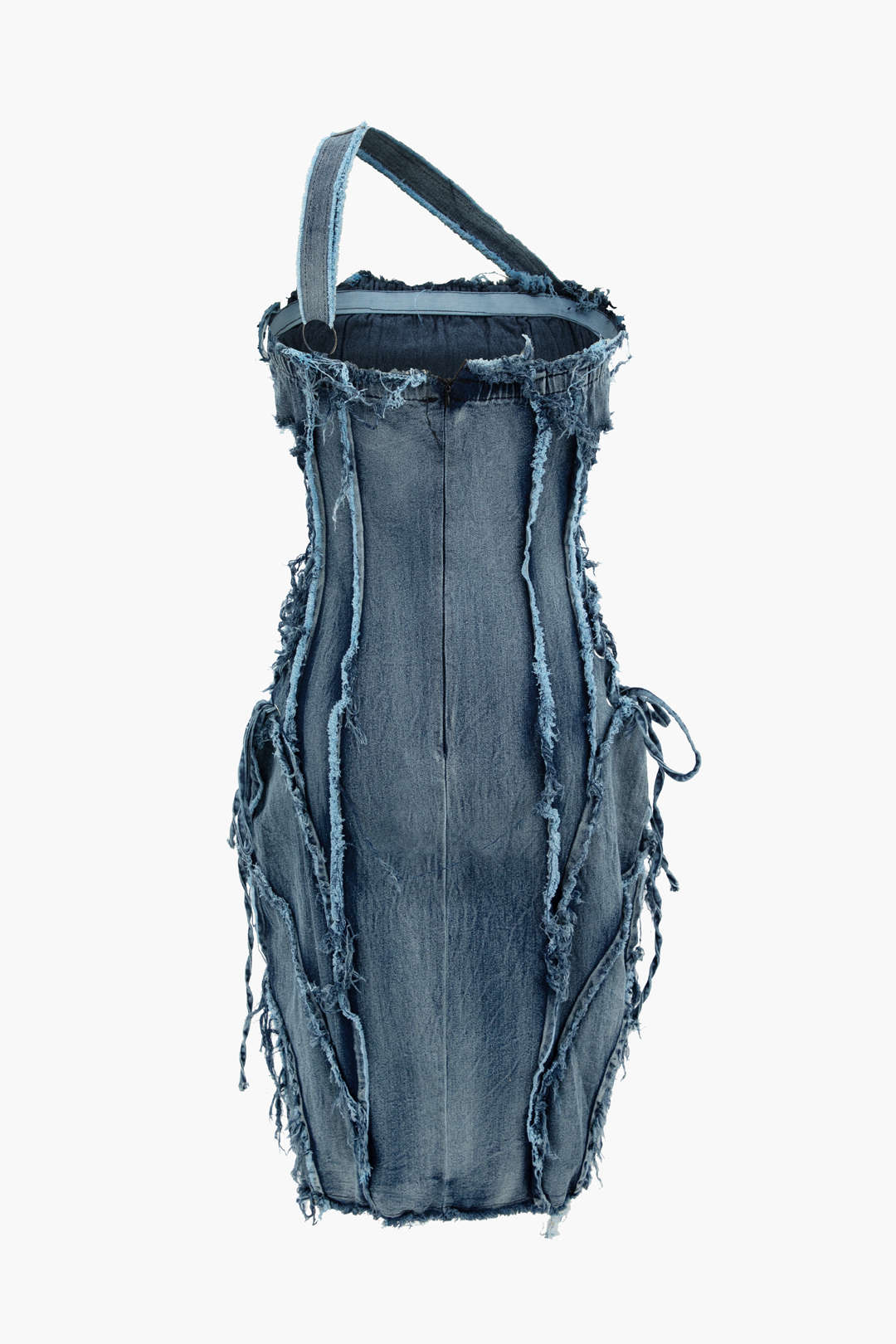 Asymmetric Frayed Denim Mini Dress - Y2K Aesthetic Grunge Style for Trendy Outfits