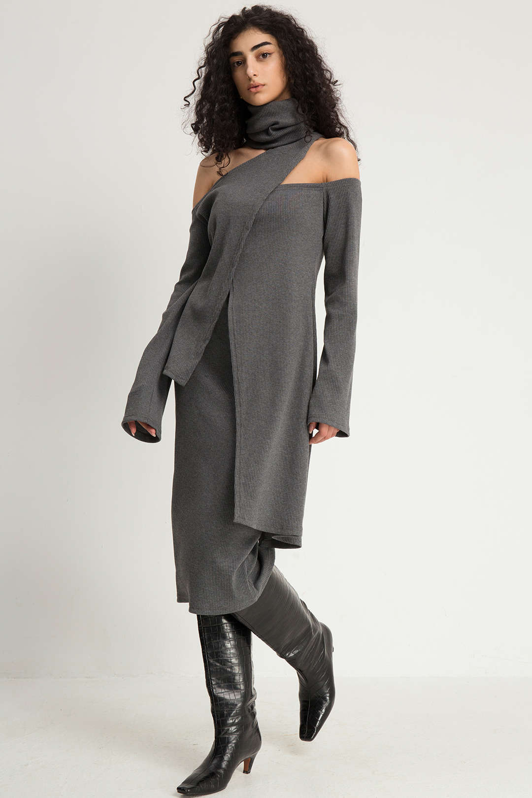 Asymmetric Knit Turtleneck Top and Midi Dress Set for Y2K Fashion Aesthetic Outfits