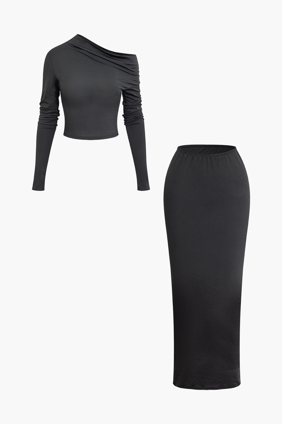 Asymmetric Long Sleeve Top with Pleated Maxi Skirt Set for Y2K Aesthetic Outfits