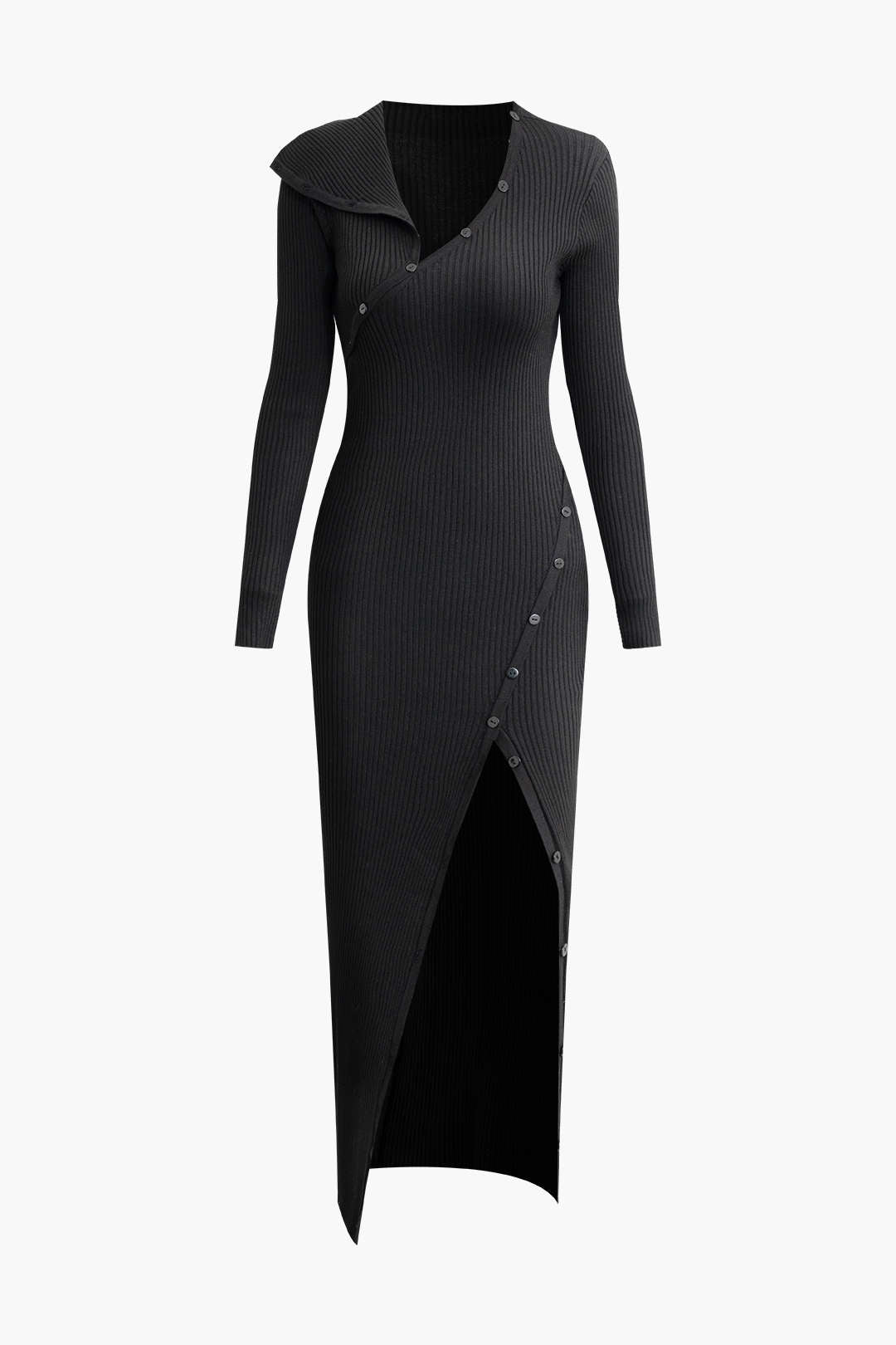 Asymmetric Rib Knit Button Long Sleeve Midi Dress in Y2K Aesthetic Style