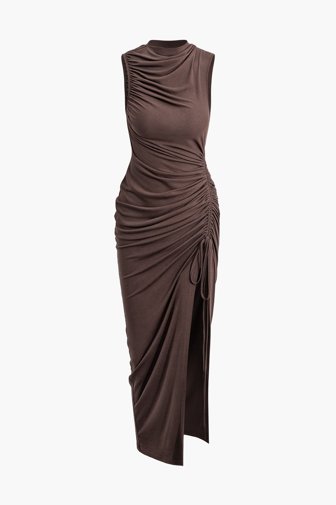 Asymmetric Ruched Drawstring Slit Sleeveless Maxi Dress in Y2K Aesthetic Style